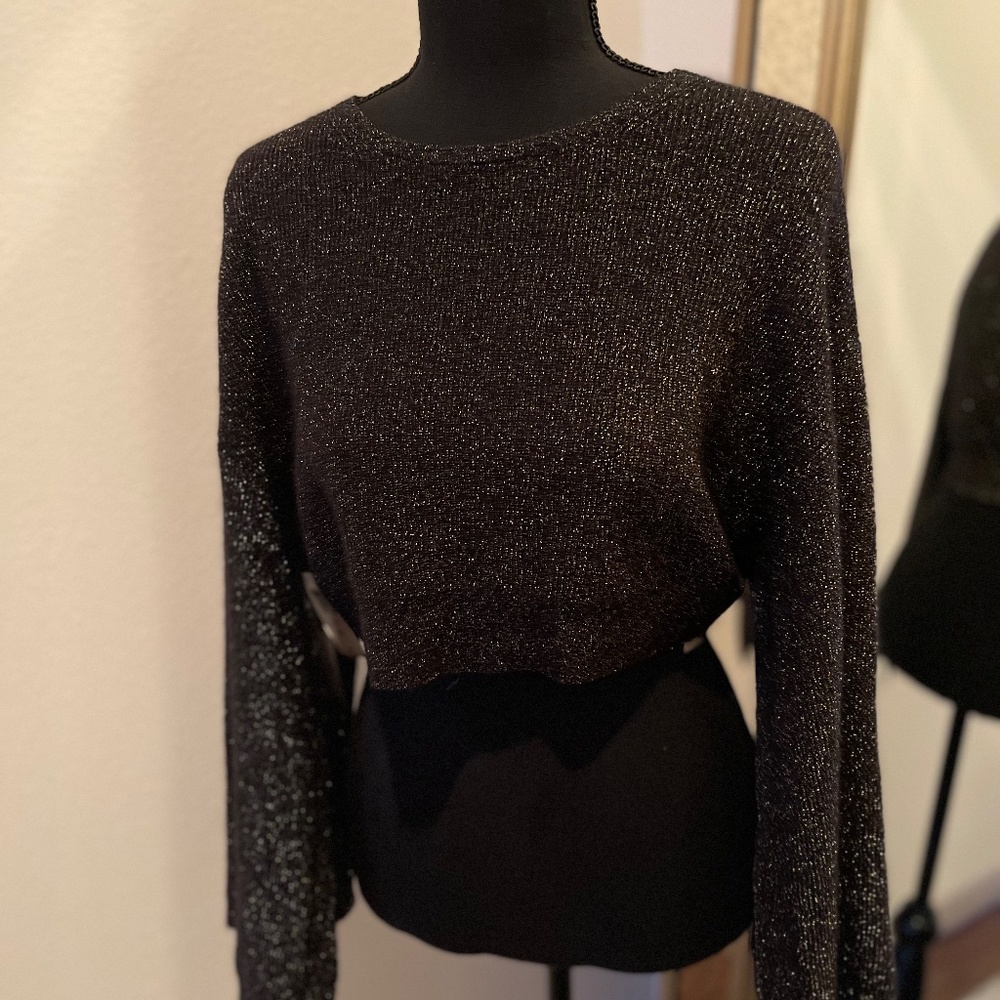 Babaton Black Metallic Cropped Crewneck Sweater